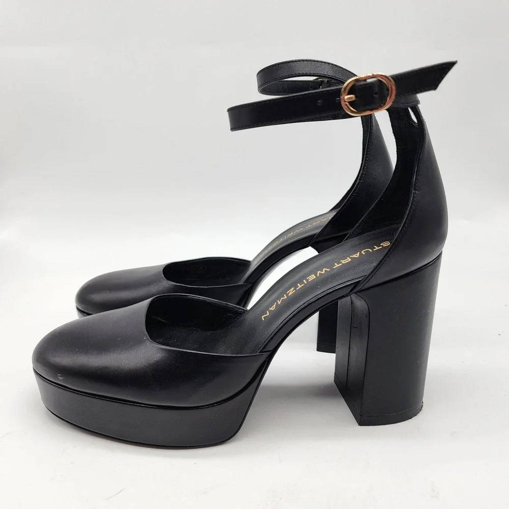 Stuart Weitzman Dayna Platform Pump Women's 7B Black Leather Ankle Strap Heels